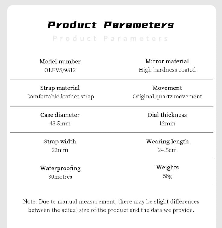 Product parameters table for a watch with model number OLEVS/9812.