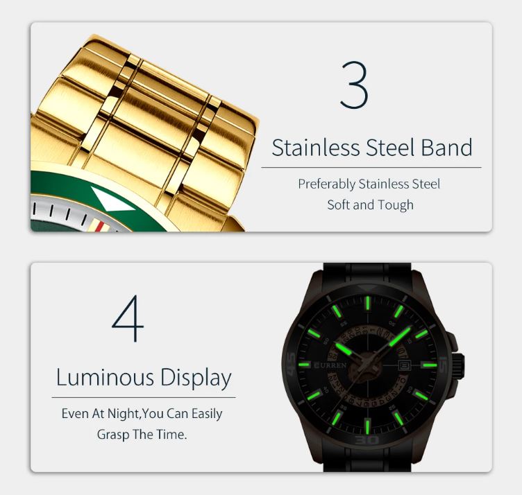 Watch with gold band and black face with green display on a white background