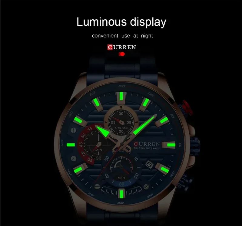 Curren watch with luminous display on a black background