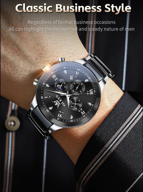 Luxury watch on a wrist with text about classic business style.