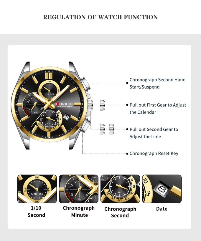 Curren watch with detailed regulation of function diagram and close-up illustrations.