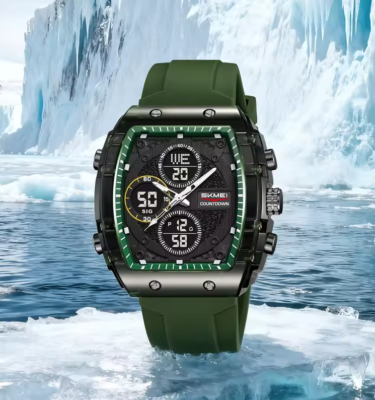 SKMEI 2602 Dual Time Sports Watch Green– 50M Waterproof Silicone Strap
