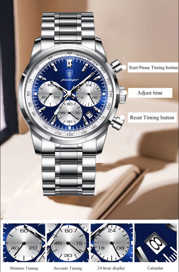Silver and blue watch with detailed features on a beige background