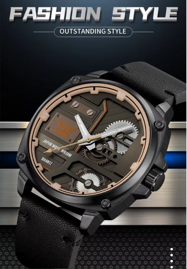 Black wristwatch with detailed design on a dark background