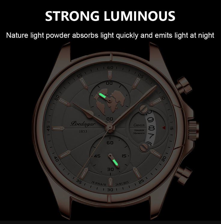 Wristwatch with a dark face and metallic case on a black background, highlighting its luminous properties.