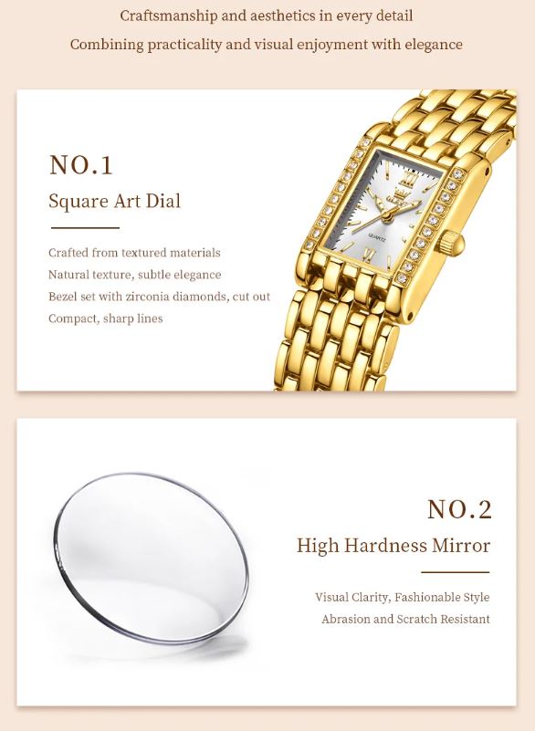 Gold wristwatch with text on craftsmanship and aesthetics