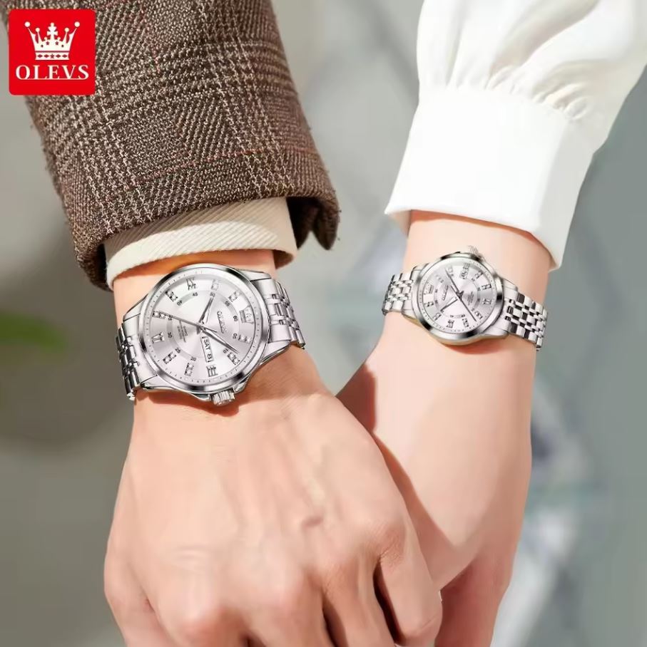 OLEVS 3620 Luxury Couple Quartz Watch Silver– Stainless Steel Matching Wristwatch Set