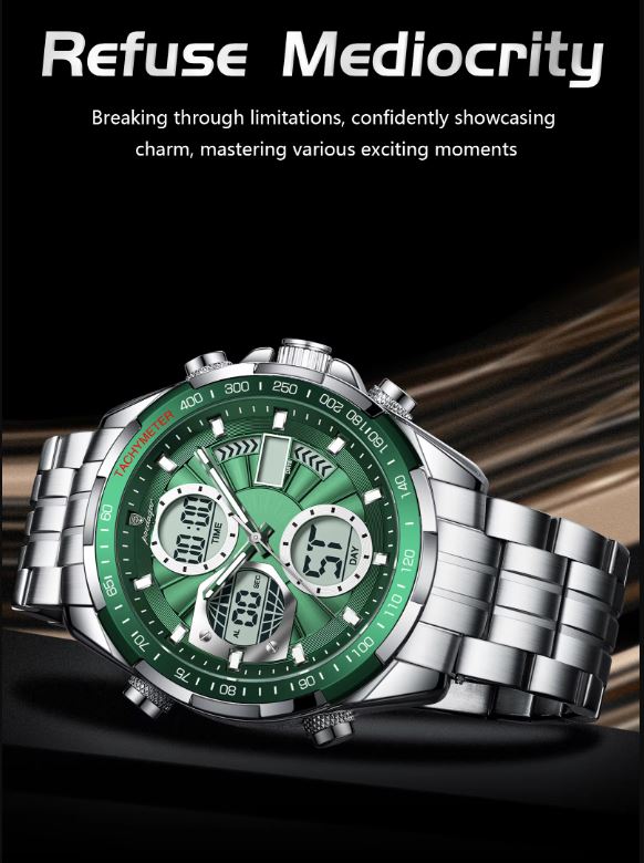 Green and silver watch with motivational text on a dark background