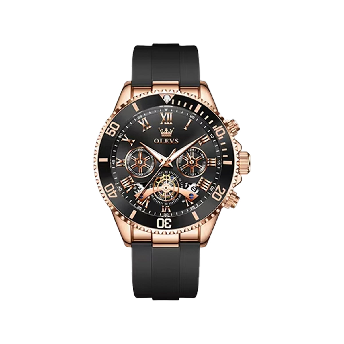 OLEVS 3730 Men’s Moon Phase Hollow Design Quartz Watch Rose Black