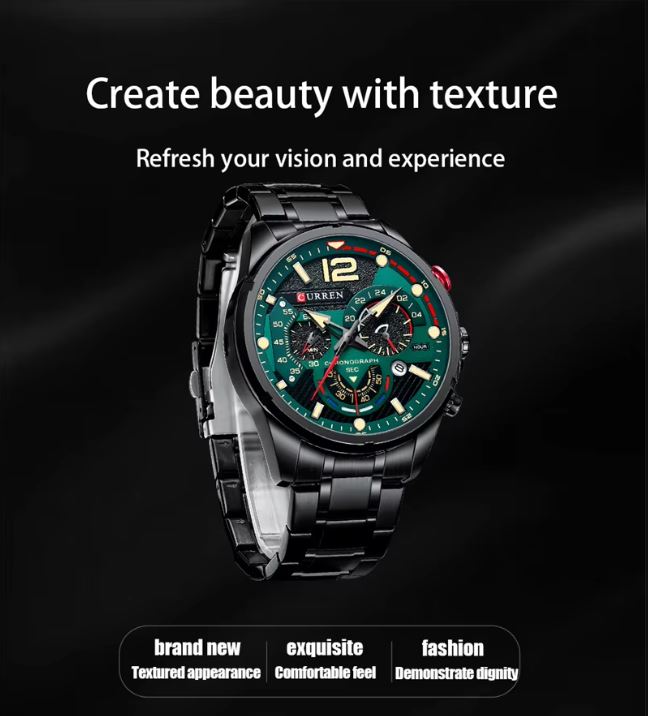 Luxury watch with green face and black strap on a dark background, featuring text about creating beauty with texture.
