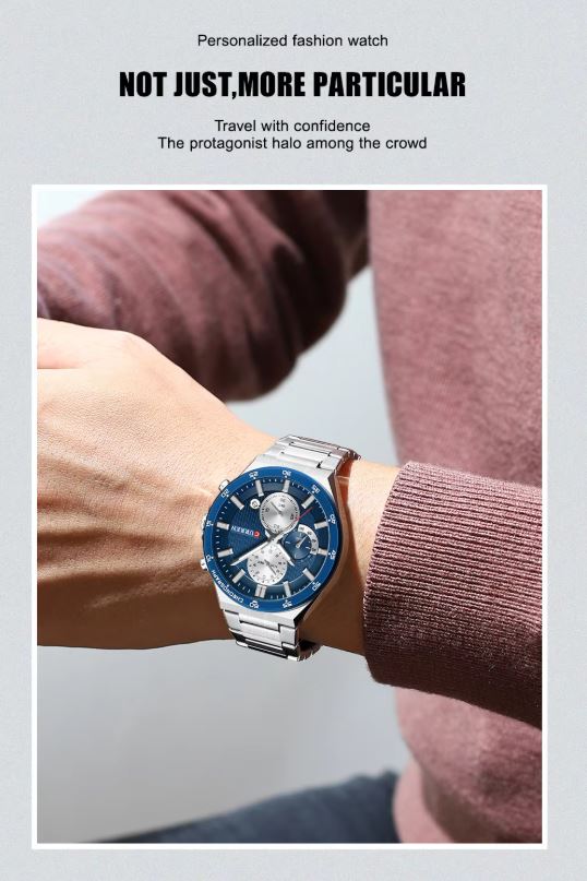 Wrist wearing a blue and silver watch with text about personalized fashion and travel confidence.