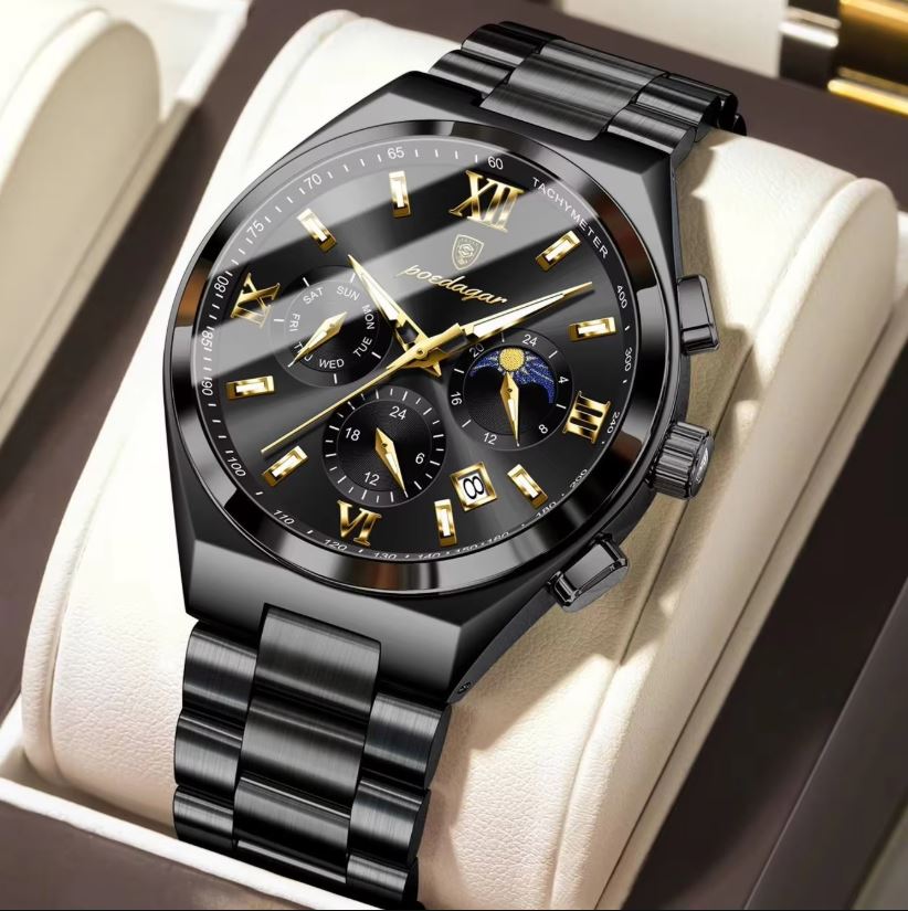 POEDAGAR 688 men’s fashion stainless steel watch Black dial