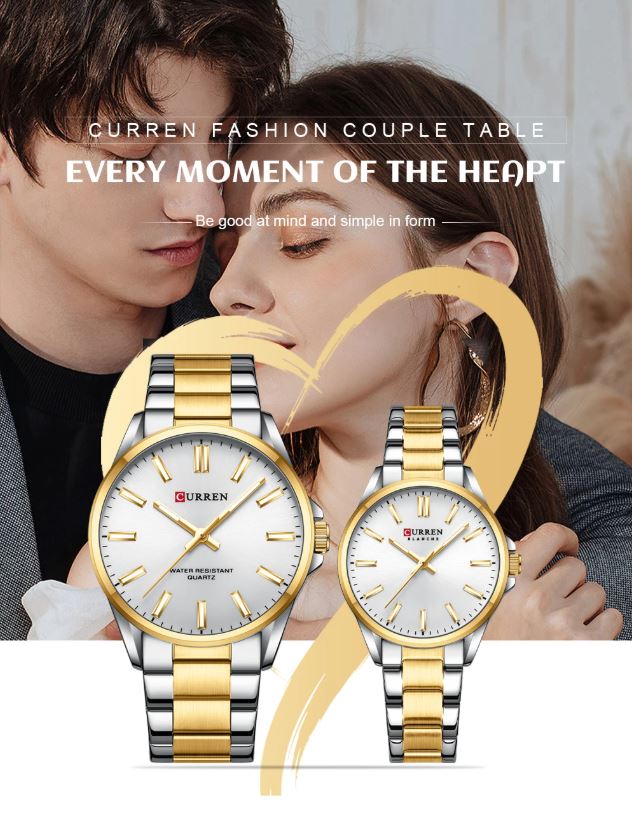 Two gold and silver watches with a couple embracing in the background, featuring the brand 'Curren'.