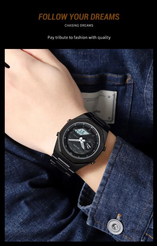 Black digital wristwatch on a person's wrist with denim jeans, text 'Follow Your Dreams' at the top.