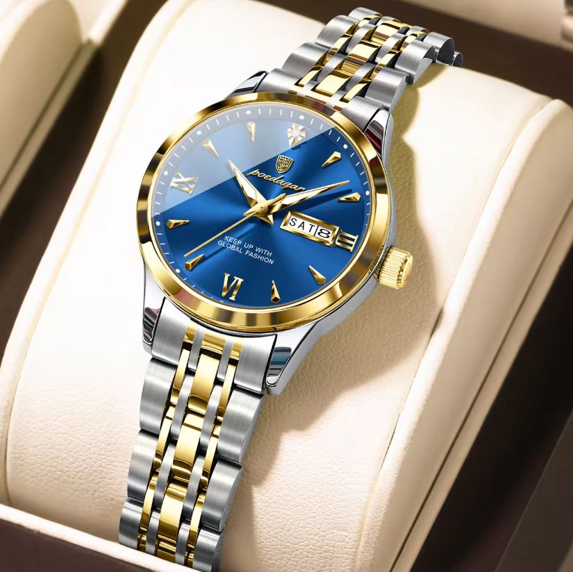 POEDAGAR 504 Women’s Quartz Watch Gold Blue – Stainless Steel Band & Complete Calendar Design