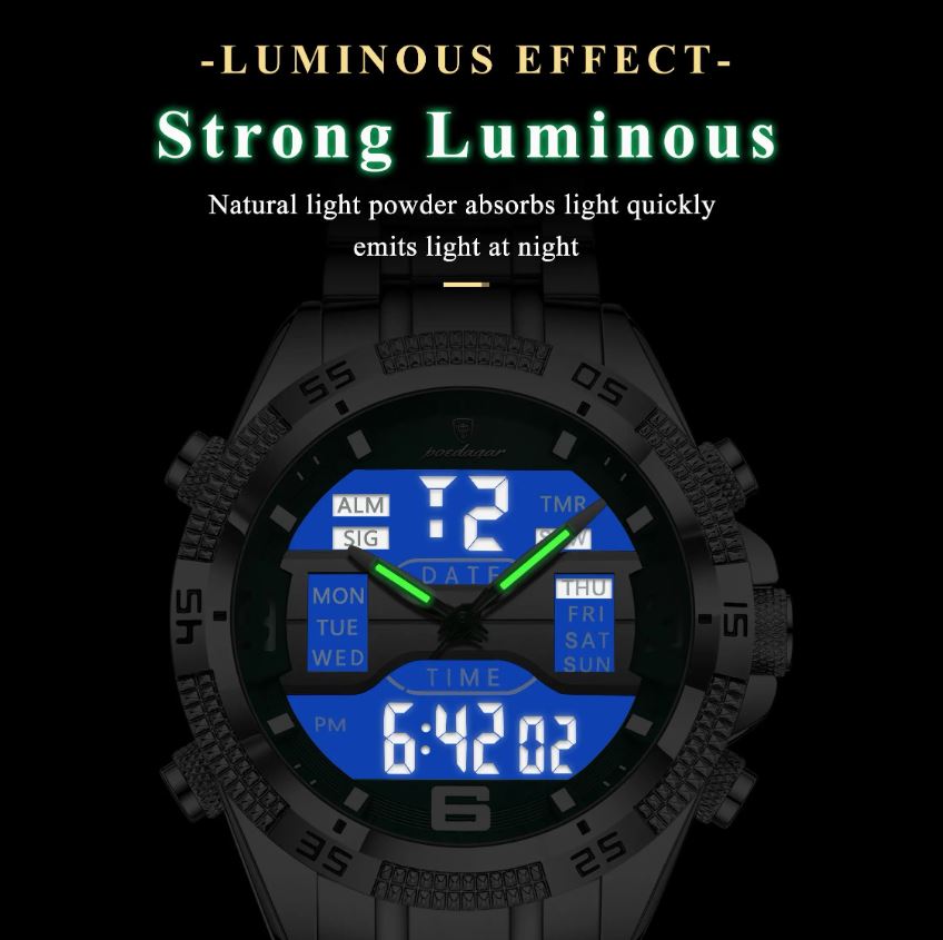Digital watch with strong luminous effect on a black background