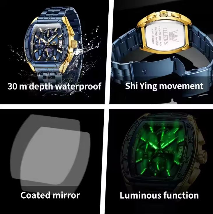 Watch features including waterproof depth, movement type, mirror coating, and luminous function.