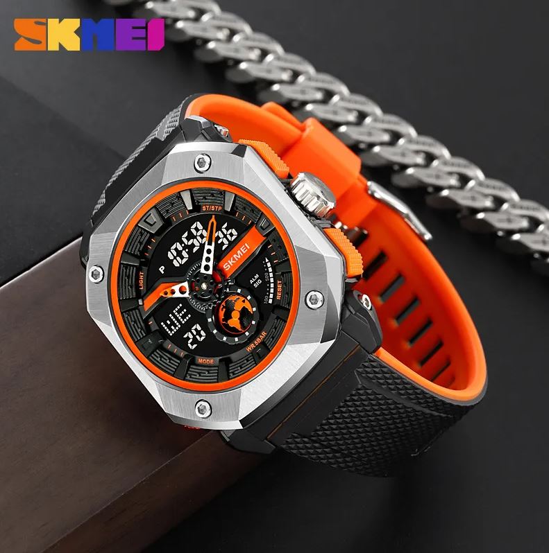 Skmei watch with orange and black strap on a dark background