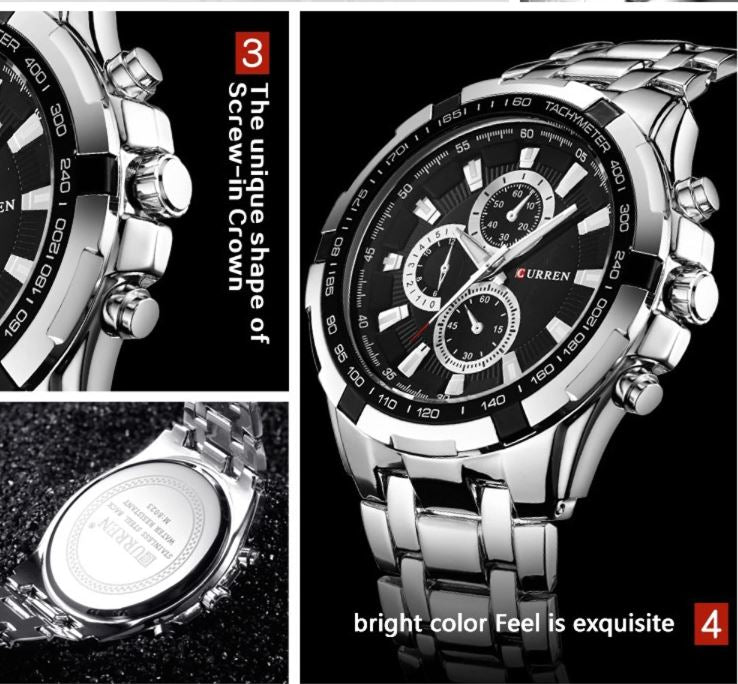 Silver wristwatch with black dial and detailed design on a dark background