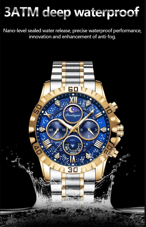 Luxury watch with gold and blue face, water splashing around it, on a black background.