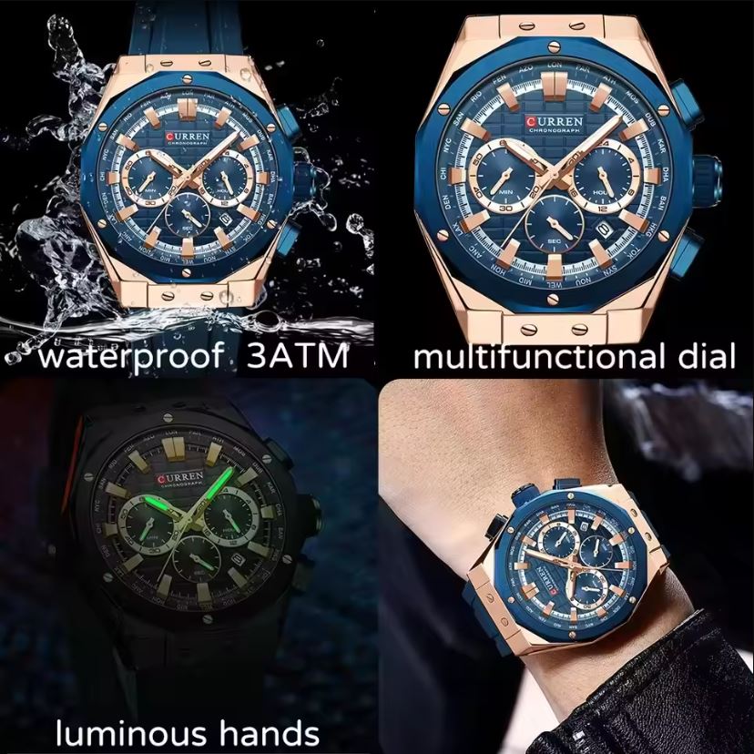 Curren watch with blue and rose gold design, shown with water splashes and on a wrist.