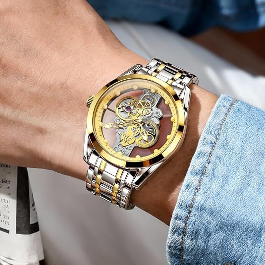 OLEVS 3725 Men’s Luxury Skeleton Quartz Watch – Stainless Steel Bracelet
