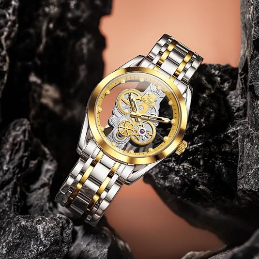OLEVS 3725 Men’s Luxury Skeleton Quartz Watch – Stainless Steel Bracelet