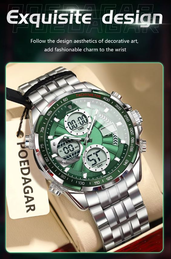 POEDAGAR watch with green dial and silver metal strap on a dark background