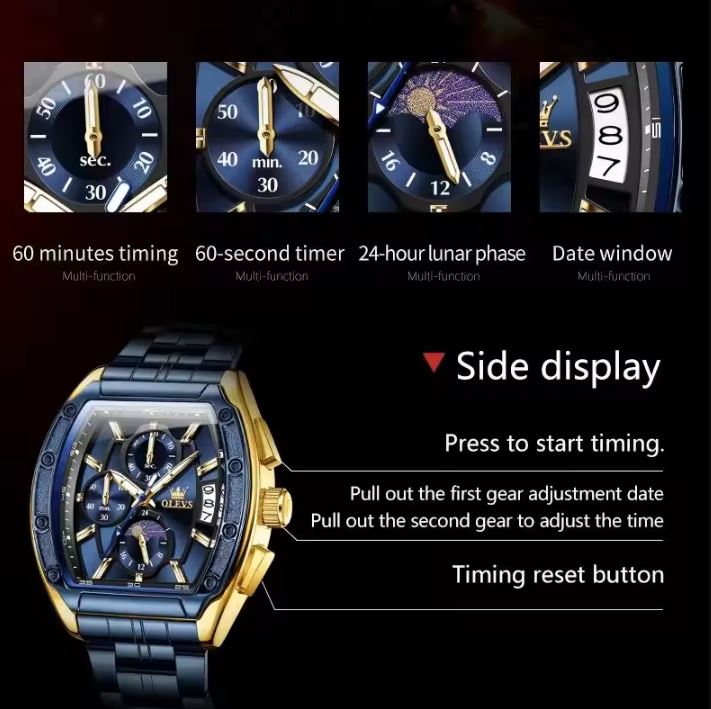Luxury watch with gold and blue design, featuring various display options and operational instructions.