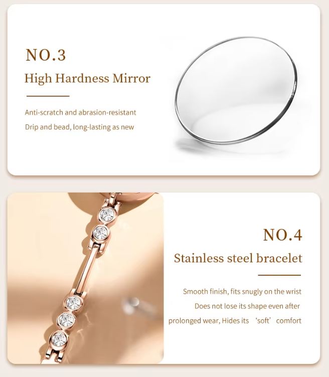 High hardness mirror and stainless steel bracelet with text on a beige background