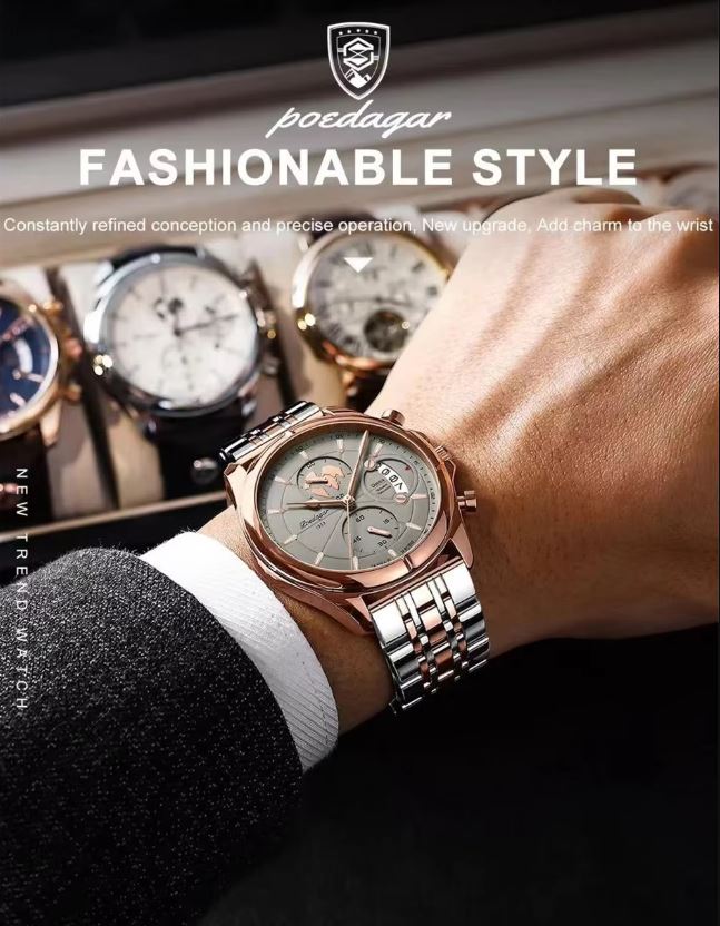 Rose gold watch on a wrist with 'poedagar' branding and text about fashion style.