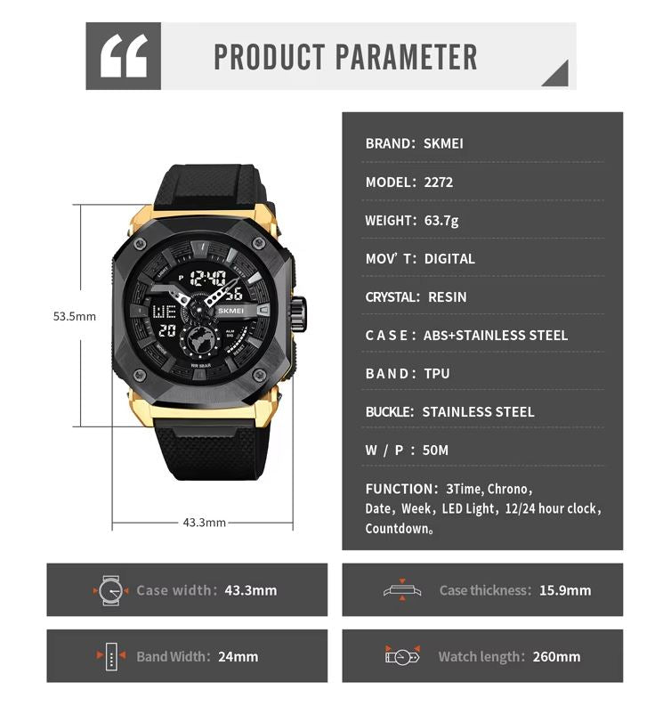 Product parameter card with a black and gold watch on a white background
