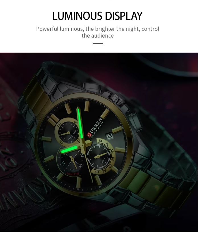 Watch with luminous display feature on a dark background