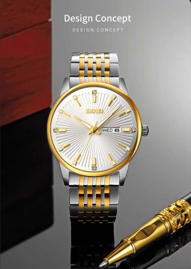 SKMEI 9323 Luxury Men’s Quartz Watch White Dial– Stainless Steel Strap, Luminous Date Display