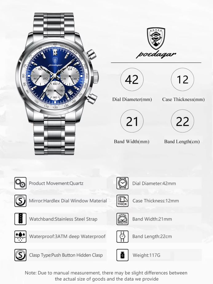 Poeclgar watch with detailed specifications on a white background