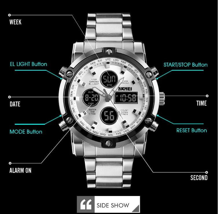 Silver wristwatch with digital and analog display on a black background, labeled with various functions.