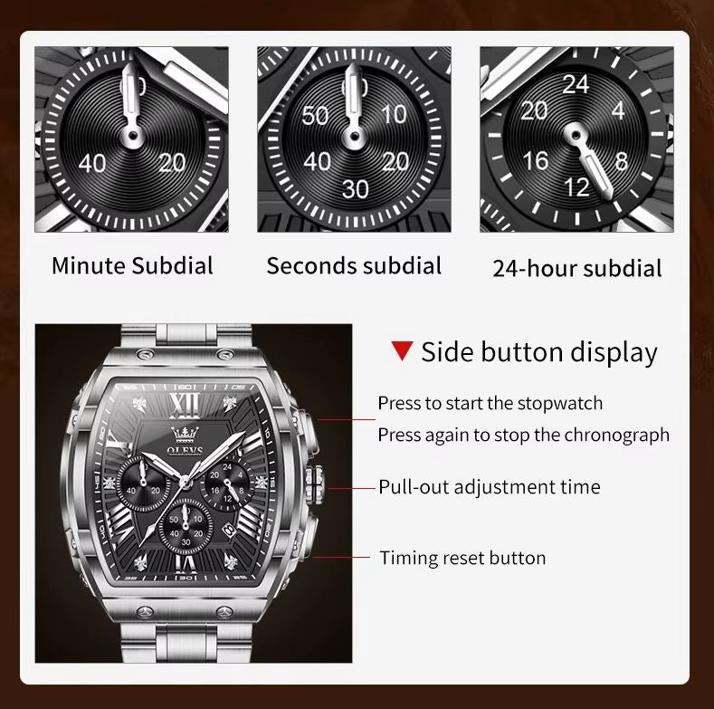 Watch with subdials and display features on a brown background