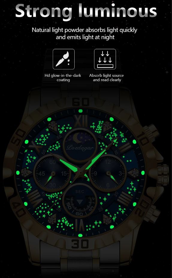 Watch with glowing face on a dark background