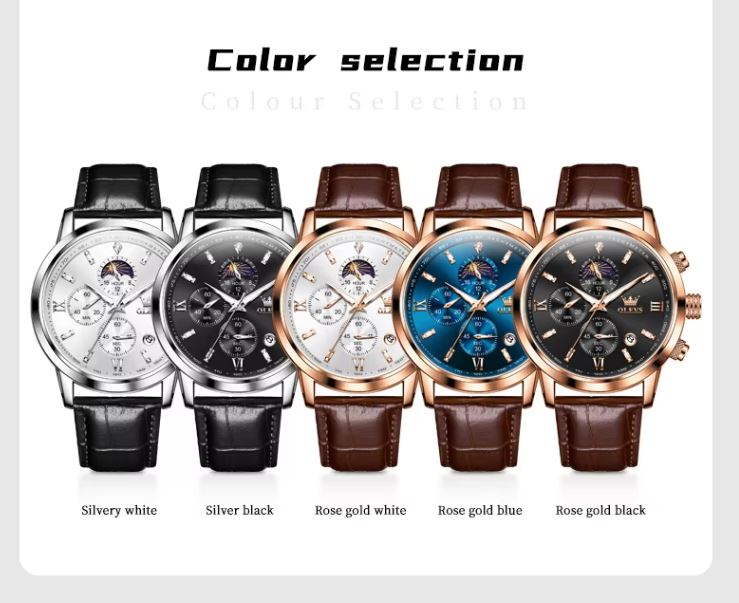 Five watches with different color options on a white background