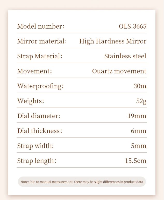 Product specifications table for a watch with model number OLS.3665 on a beige background.