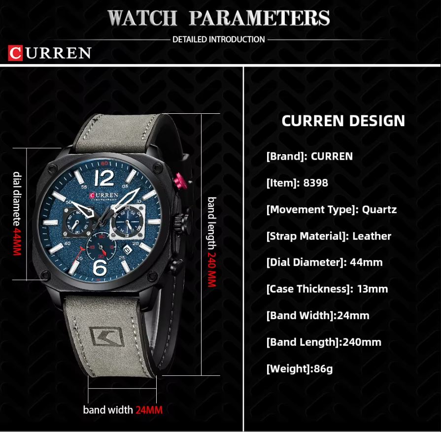 CURREN 8398 Chronograph Men’s Watch – Blue Dial Grey Leather Strap