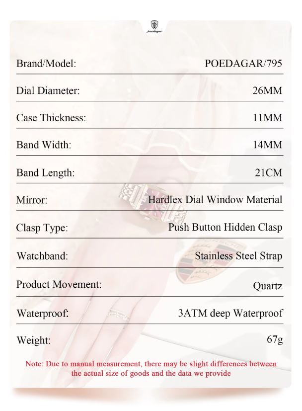 Product label with specifications of a watch, including brand, model, and technical details.