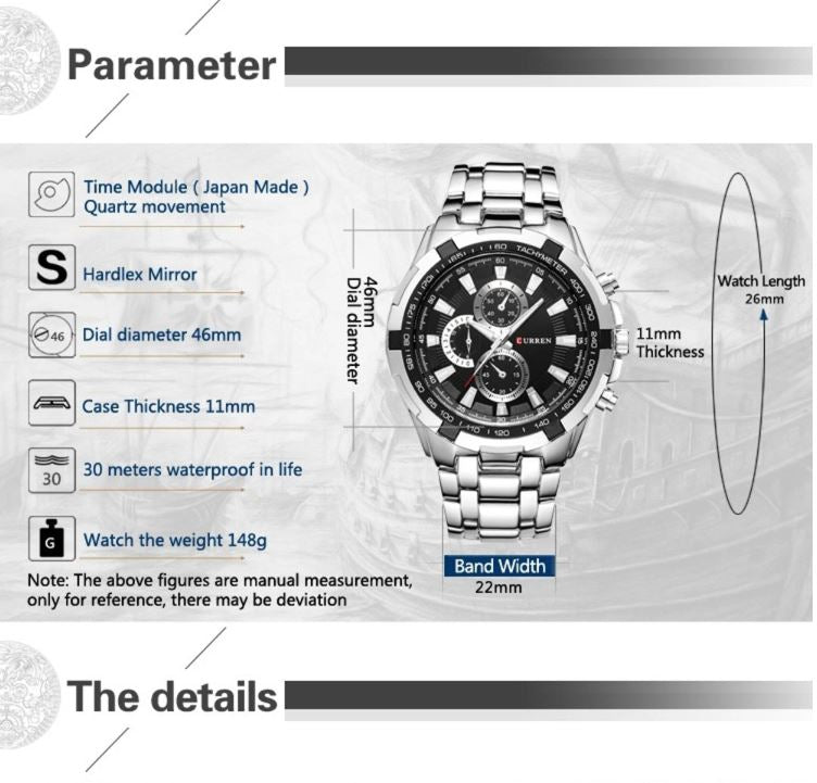 Watch with technical specifications on a gray background