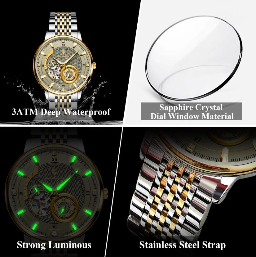 Collage of a watch with features highlighted on a black background