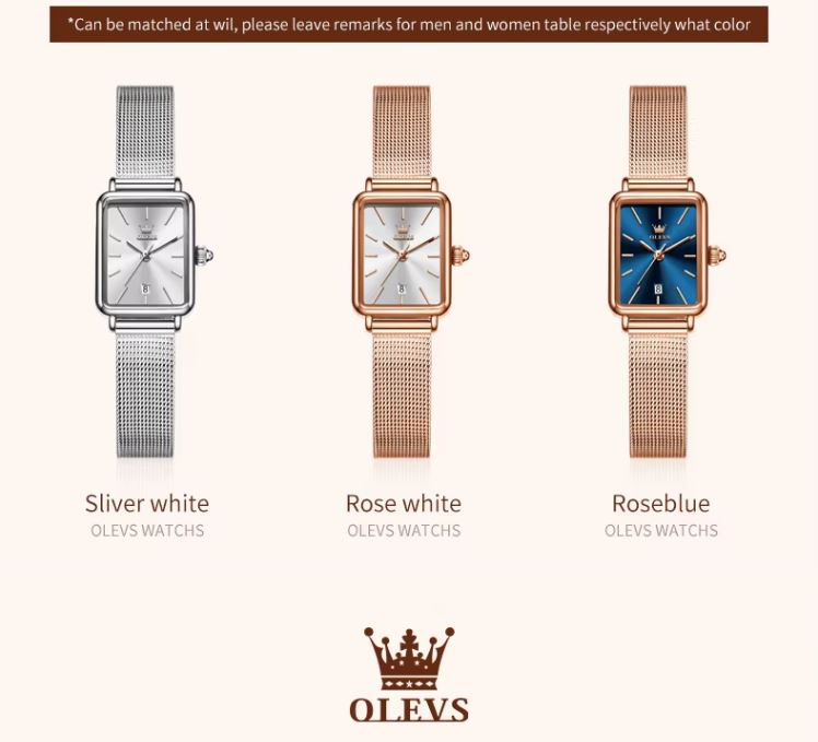 Three watches in silver, rose gold, and rose blue with 'OLEVS' branding.