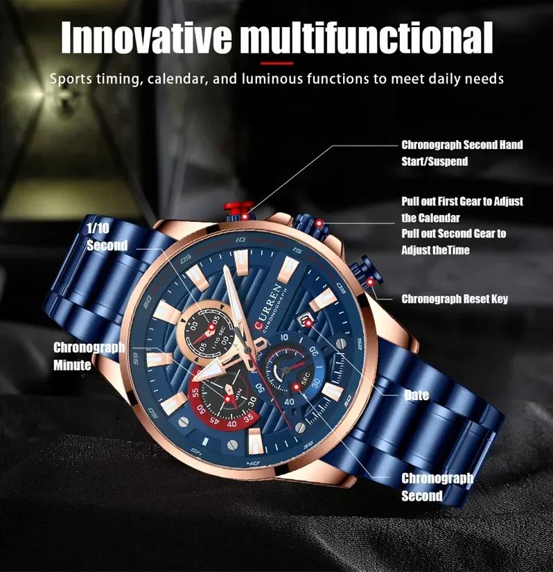 Blue multifunctional watch with detailed features on a black background