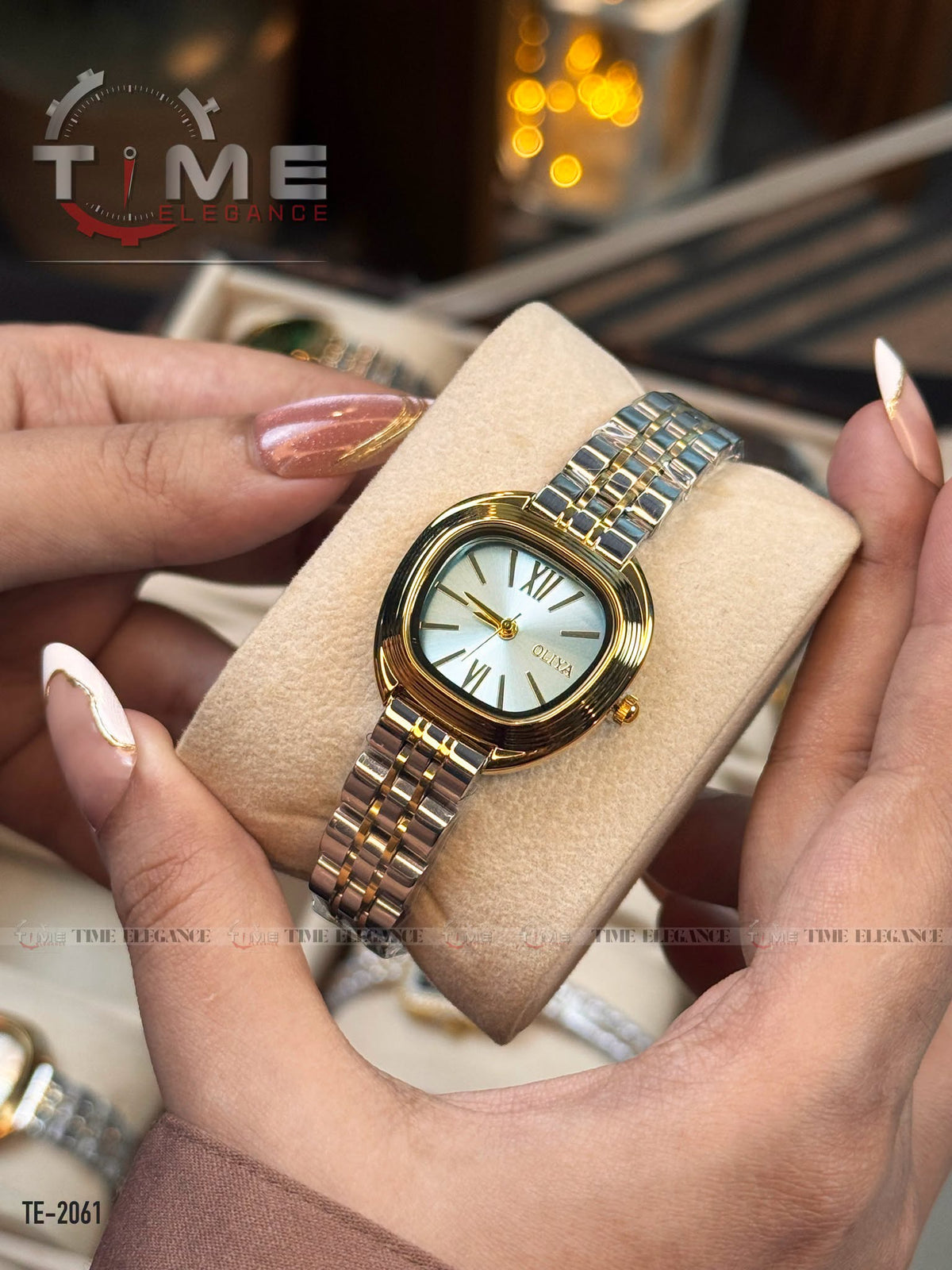 OLIYA 2061 Ladies Two-Tone Watch – Black Dial, Roman Numerals & Gold-Tone Case