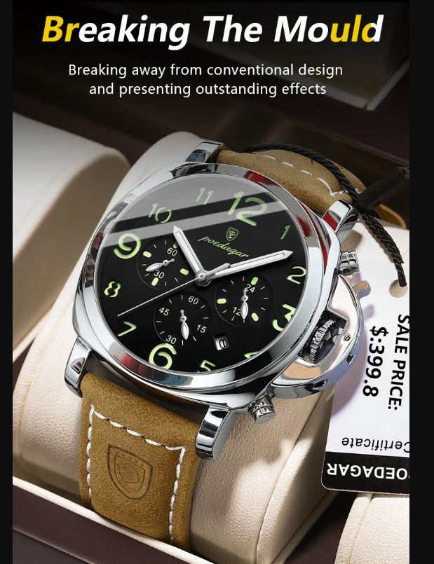 Watch with brown leather strap and black dial on a beige surface, with text 'Breaking The Mould' and 'EDGAR' branding.