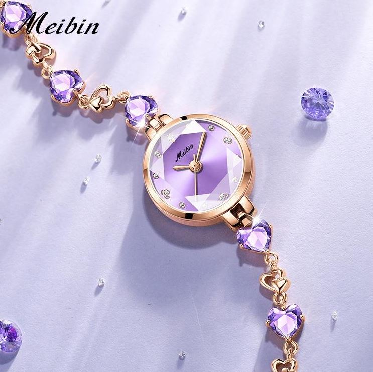 MEIBIN 1713 Women’s Luxury Purple Rose Gold Stainless Steel Watch – Elegant Quartz Wristwatch