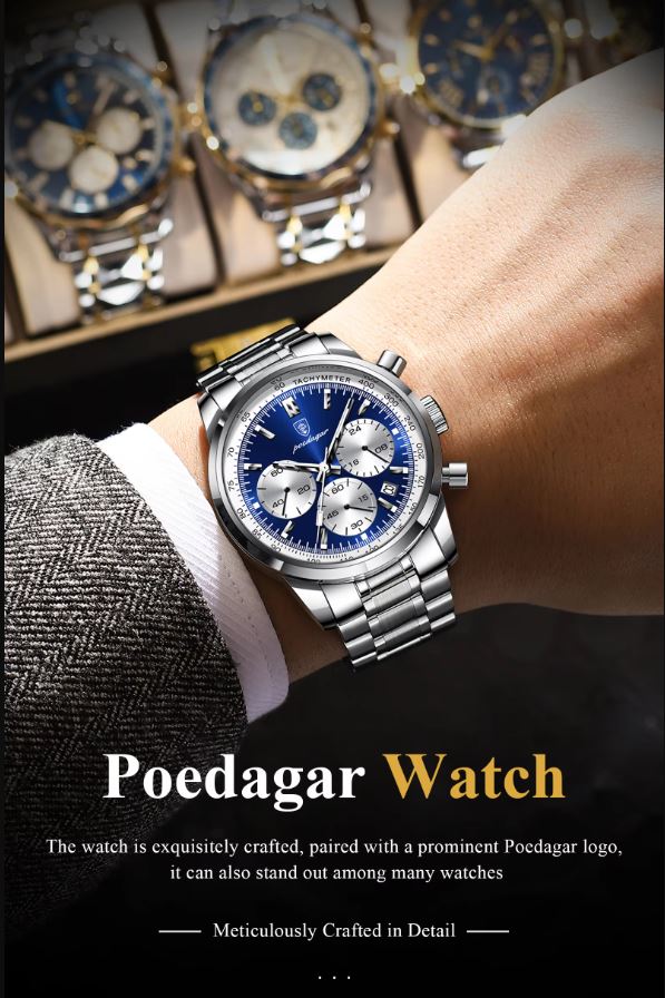 Man wearing a Poedagar watch with a blurred background of watches